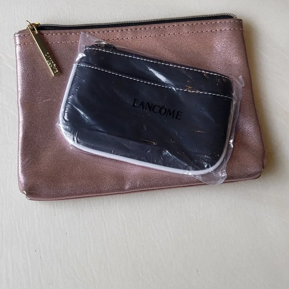 Lancôme Paris Makeup Bag Metallic Pink w Black Pouch Lot of 2